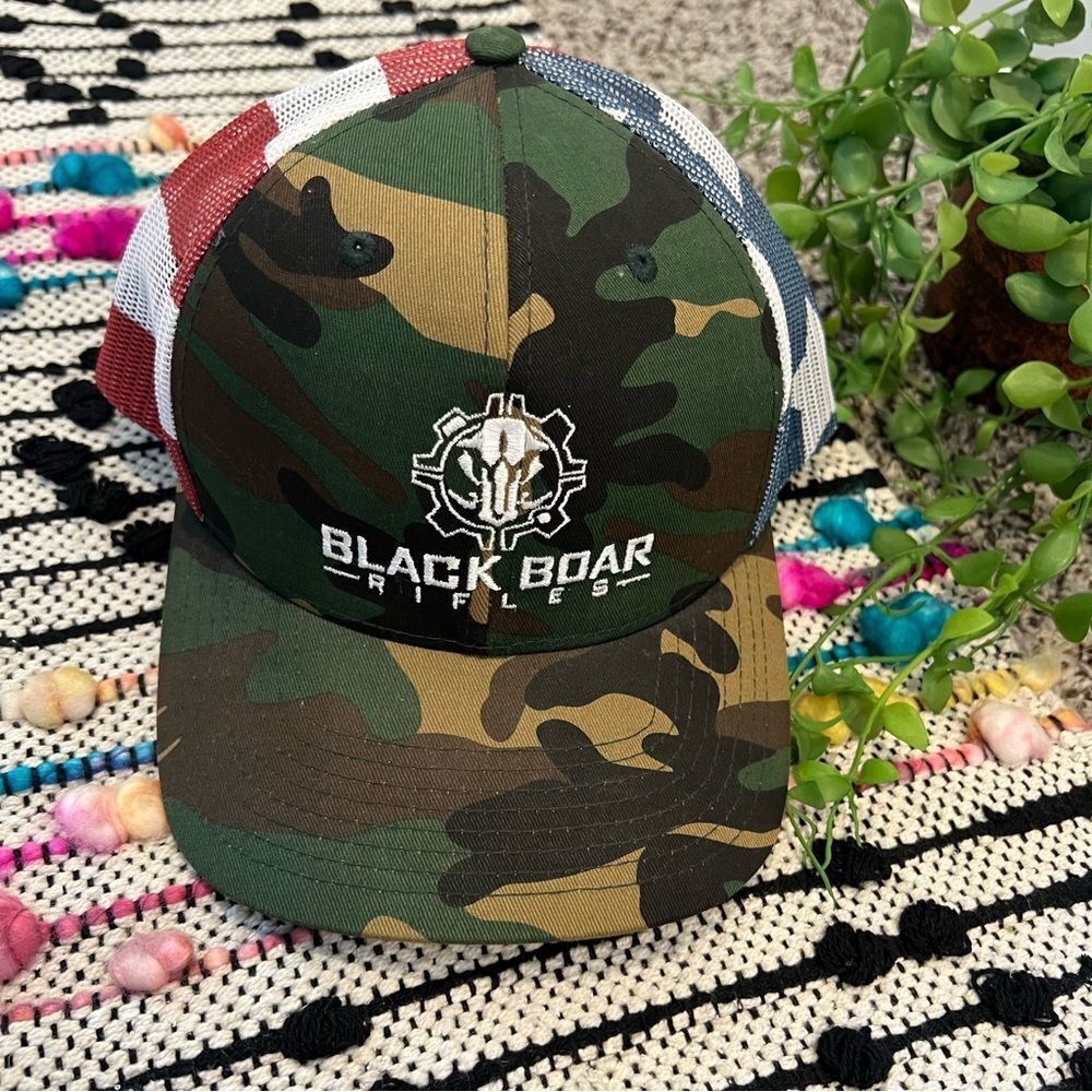 Black Boar Rifles Green Camo Logo Embroider Trucker Hat American Flag Mesh Snap